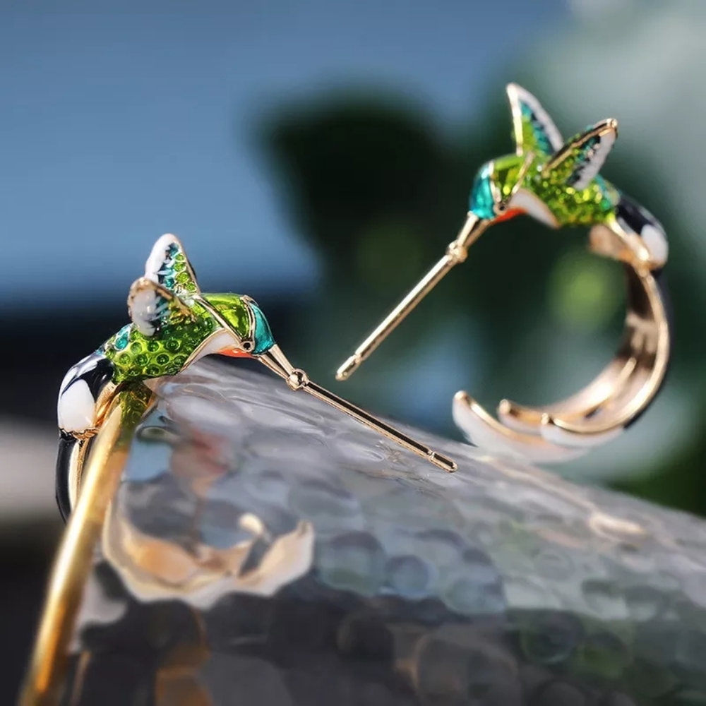 Cute Green and Purple Hummingbird Earrings - Picture 2 of 5